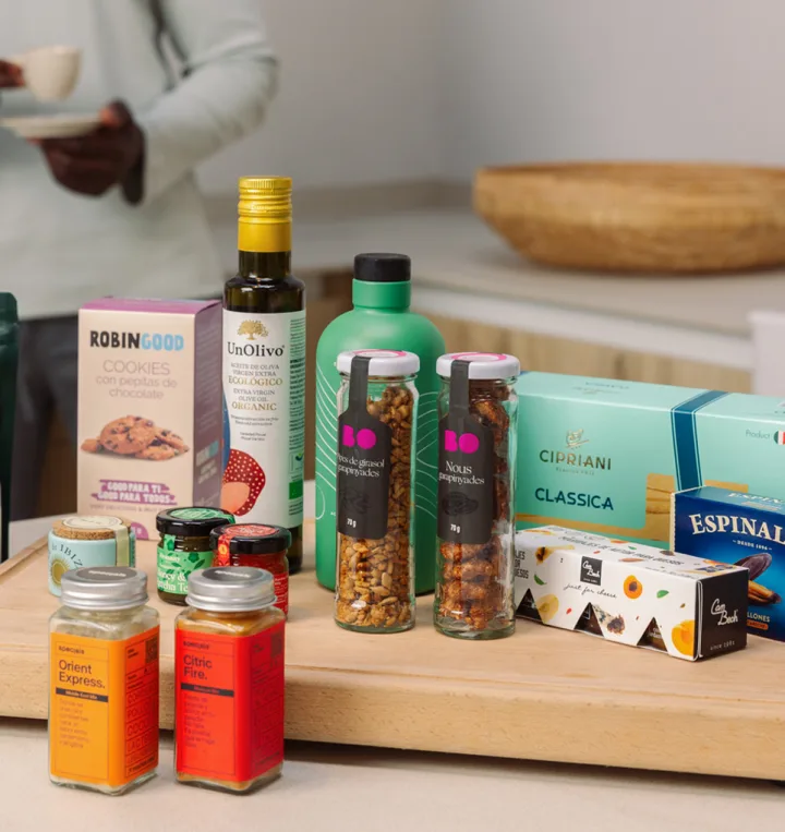Pantry still life with olive oil, preserves, spices and teas