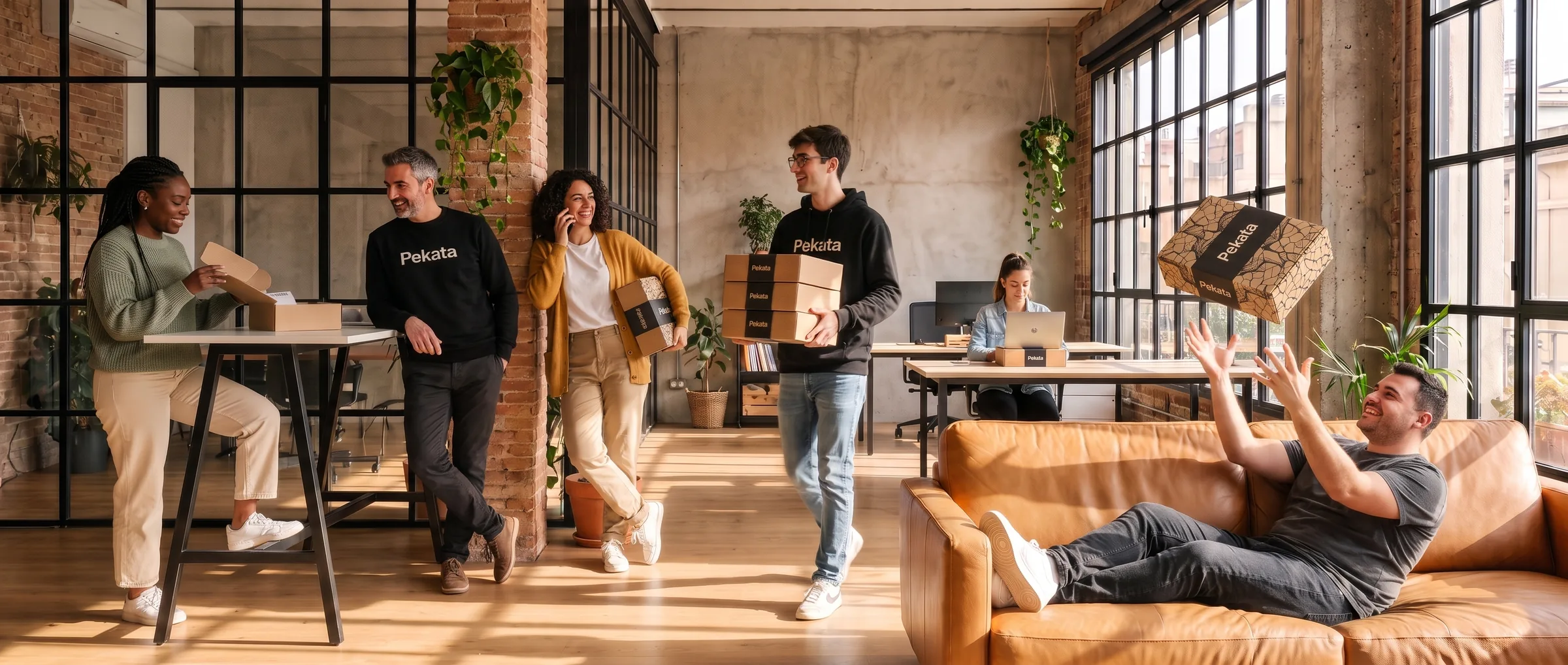 The Pekata team in their Barcelona loft office with brand gift boxes