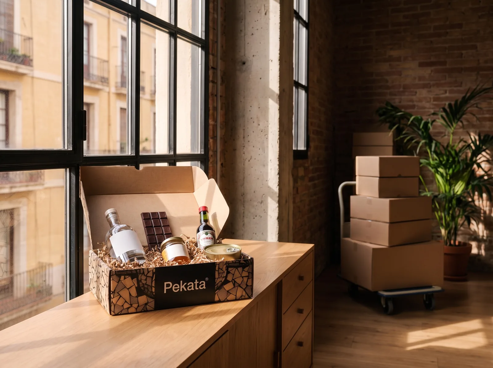 Open Pekata box with hand-picked products by the loft window, with anonymous cardboard hampers stacked in the background