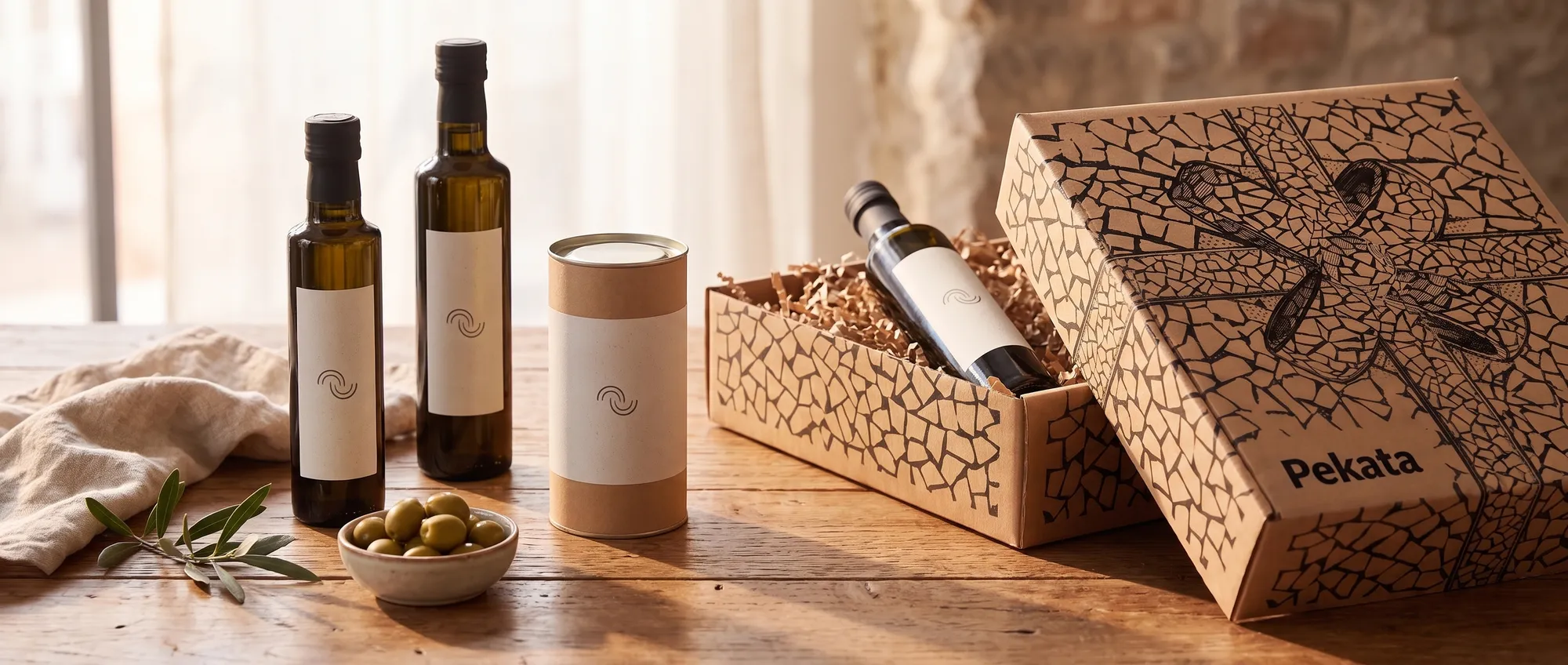 Extra virgin olive oil bottles with a company logo on a customised label
