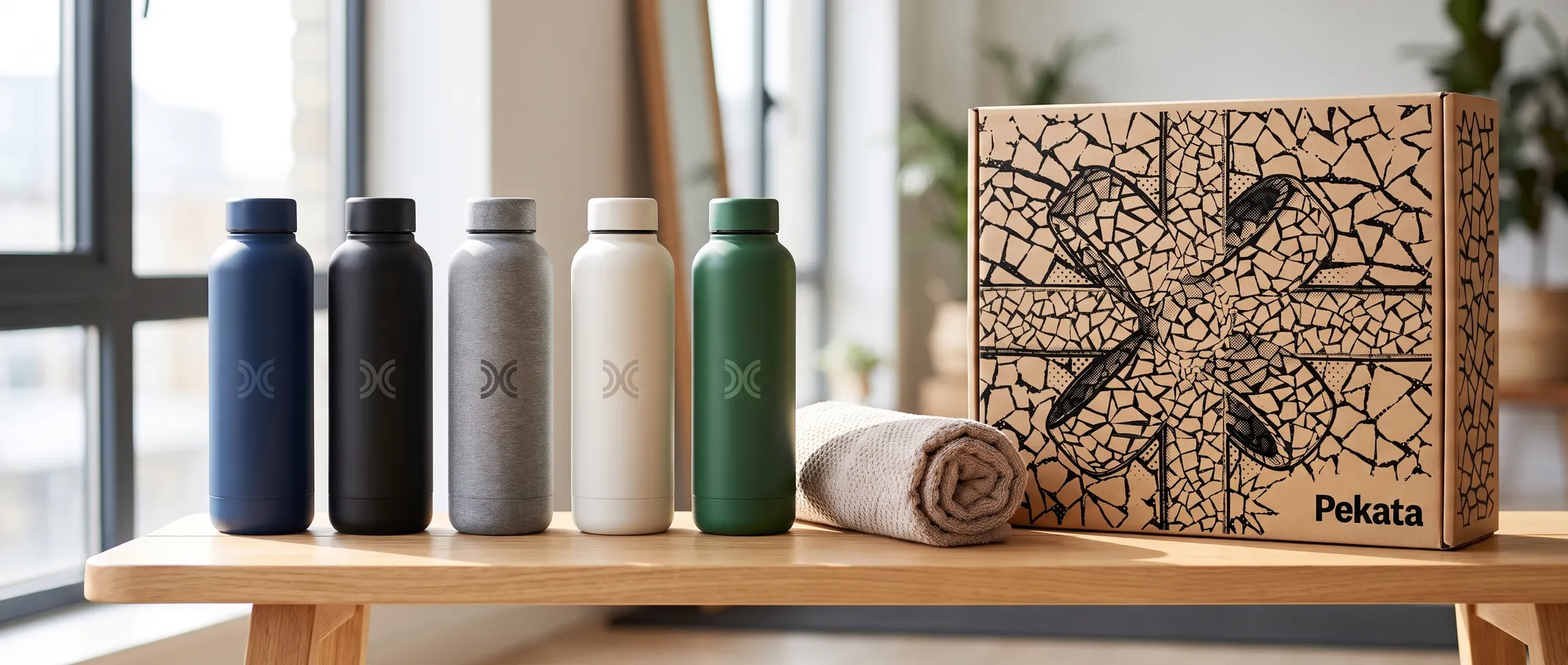 Polyethylene sports bottle with push-pull cap and a company's logo printed, alongside an aluminium bottle and a stainless steel thermal bottle