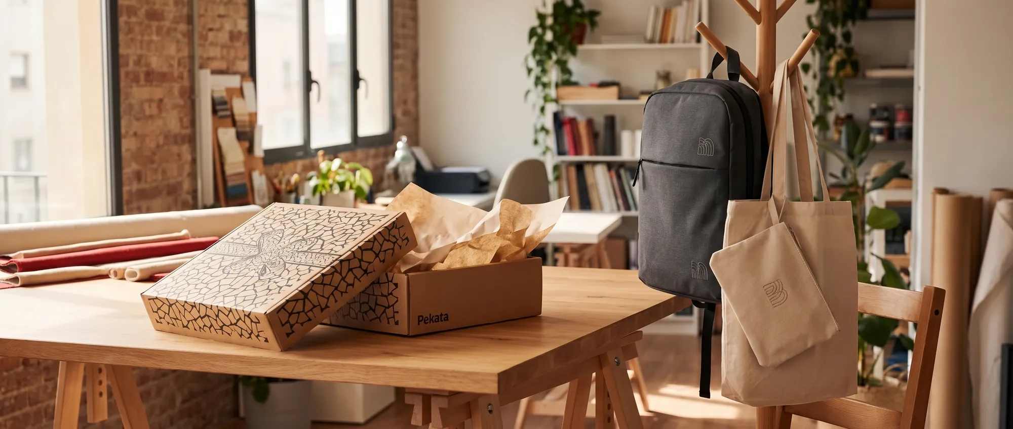 Laptop backpack, tote bag, and toiletry bag with embroidered logo hanging in an office, with a Pekata box on the table