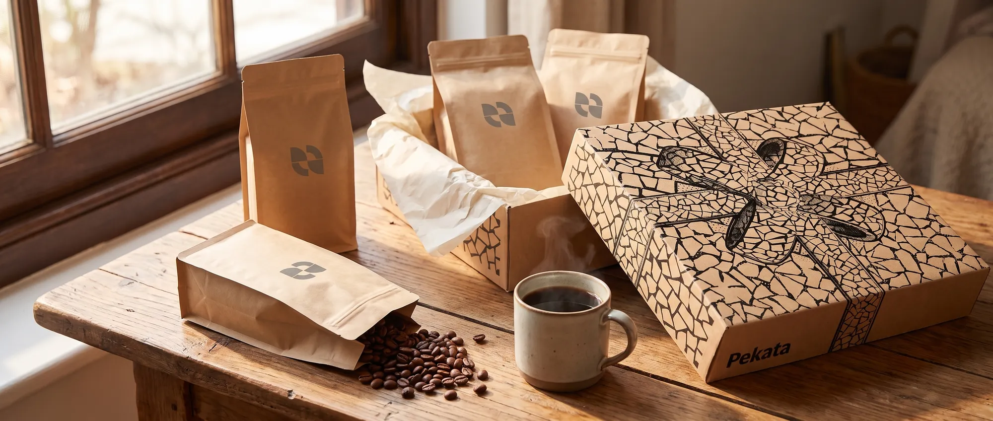 250 g doypack coffee bag with personalised label alongside capsules and drip bag sachets with a company's brand