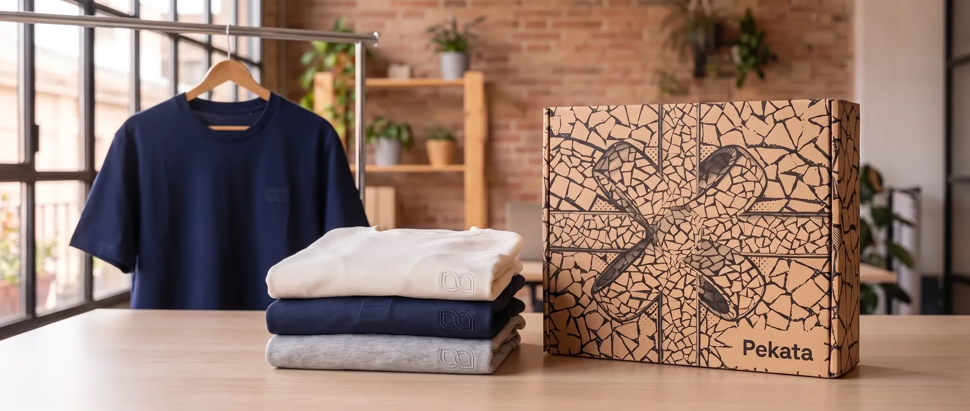 Premium company T-shirts folded and one hanging on a hanger with a small logo on the chest, next to a Pekata box