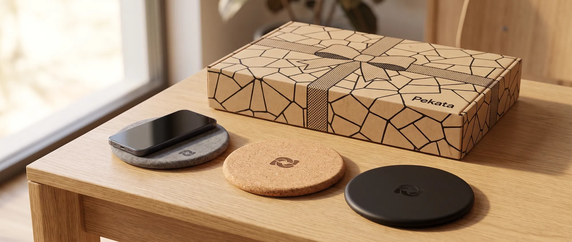 Bamboo wireless charging pad with a laser-engraved corporate logo next to a mobile phone