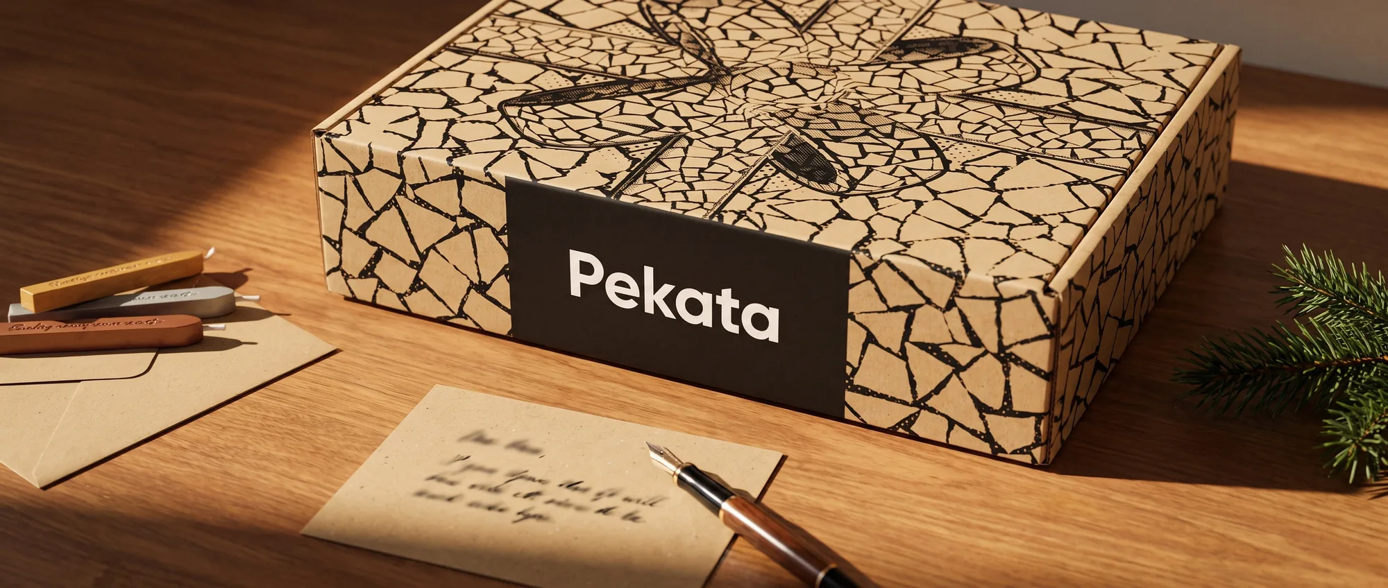 Pióro na kartce kraft obok koperty i paczki świątecznej Pekata z wzorem trencadís
