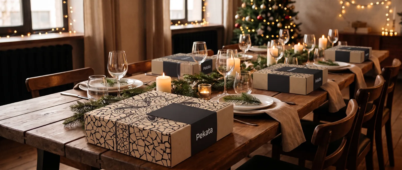 Long table set for a corporate Christmas party with a Pekata box at each place