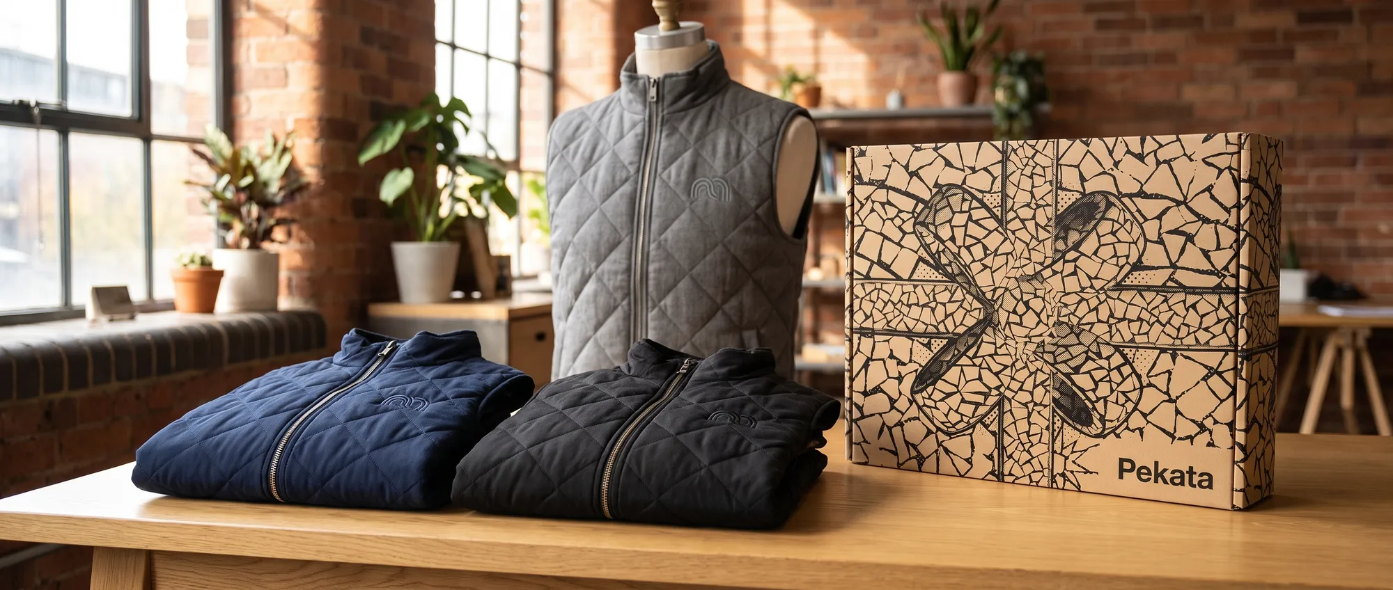 Navy blue padded vest with embroidered corporate logo on the chest