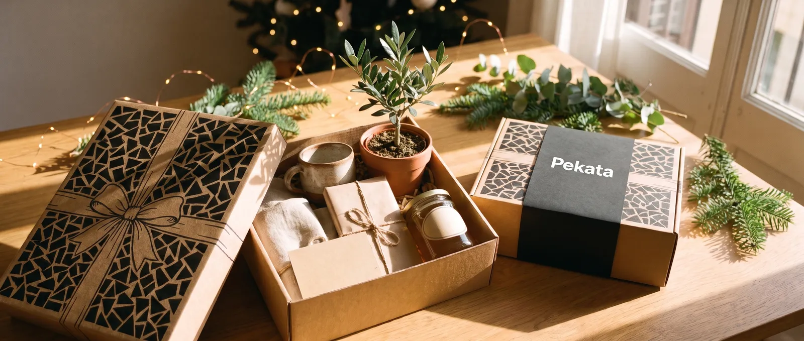 Open Pekata box with an unexpected mix of gifts: potted olive tree, ceramic mug, artisan chocolate and honey