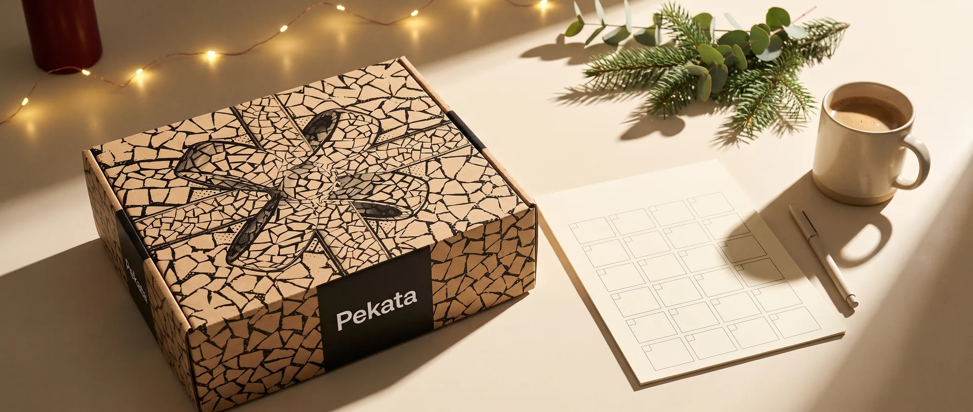 Pekata Christmas box on a desk next to a wall calendar and a coffee mug