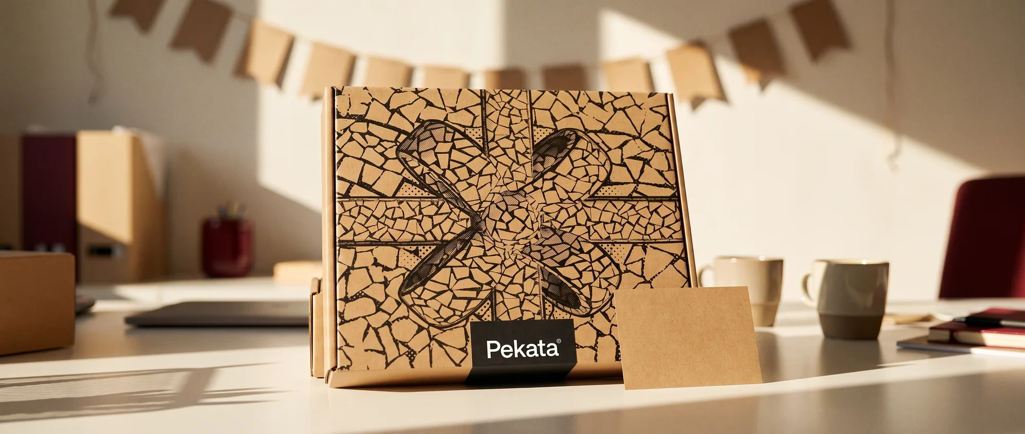 Pekata gift box with trencadís pattern on a desk with a blurred paper garland in the background