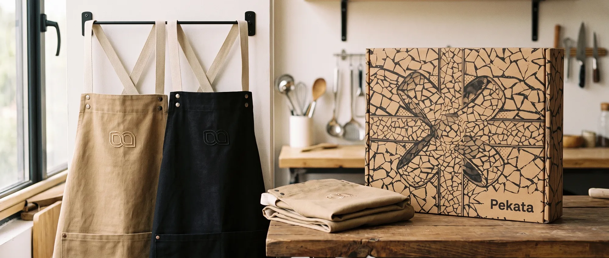 Cotton canvas bib apron with a company's logo embroidered on the chest
