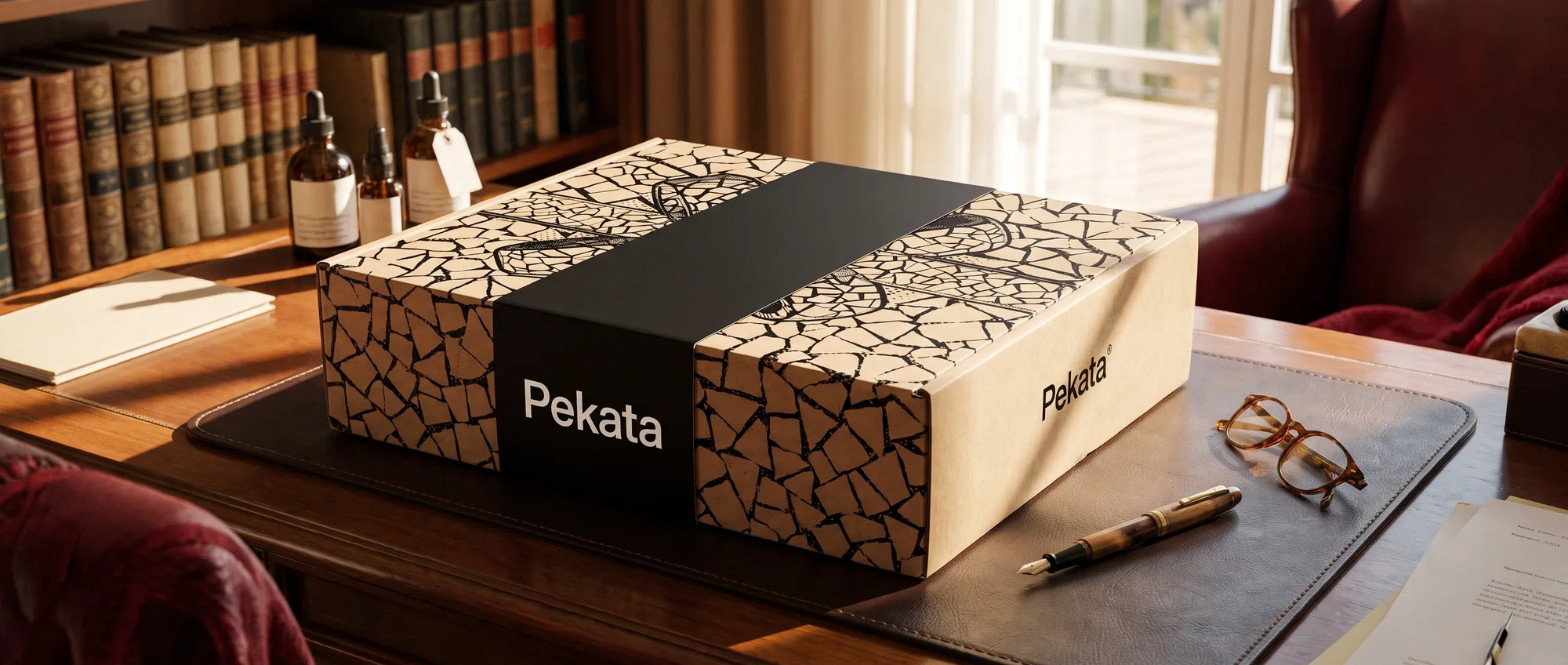 Closed Pekata box with a black band on an office desk next to a pen and reading glasses