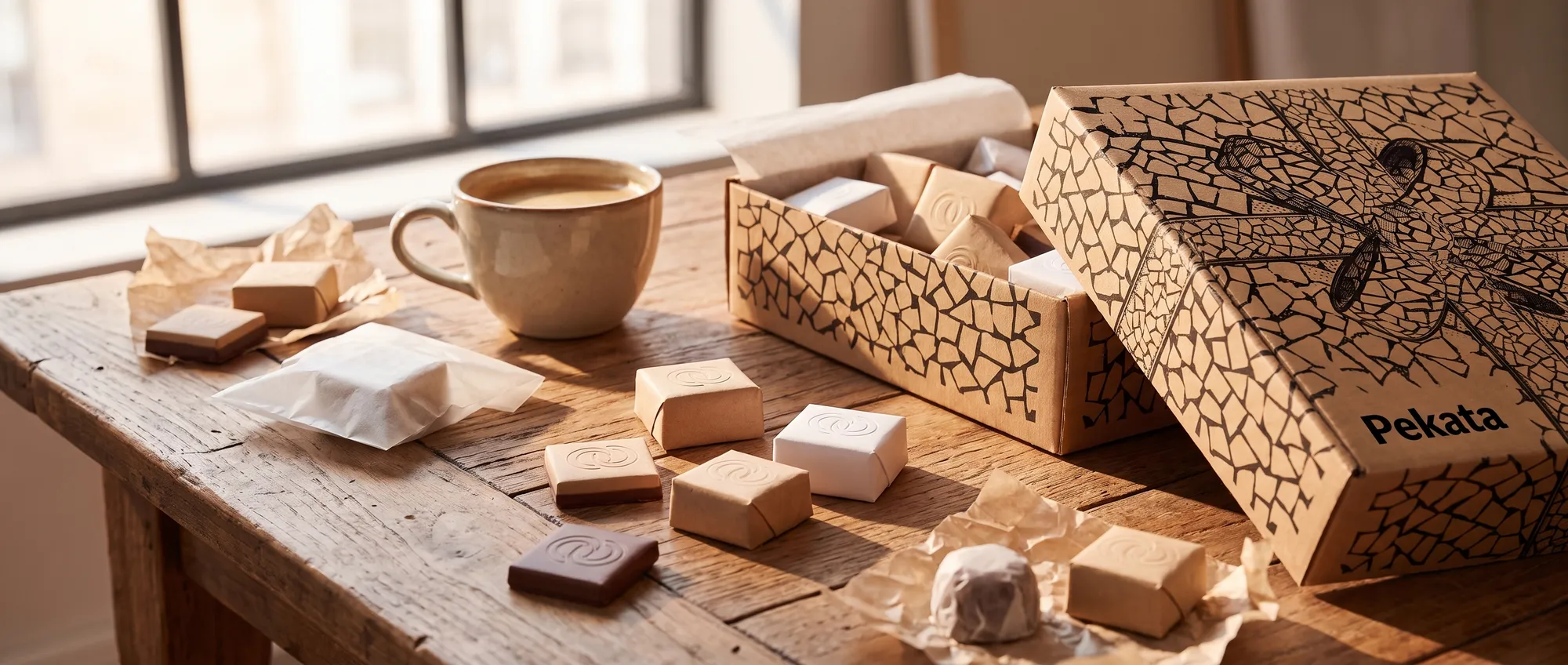 Chocolates and truffles wrapped in kraft paper with a stamped logo, sweets, and a coffee mug next to an open Pekata box