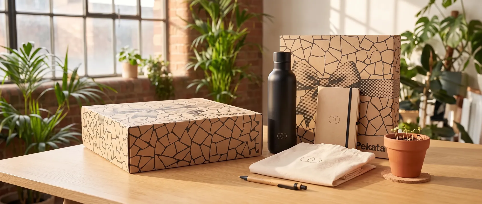 Sustainable merchandise with the same logo — steel bottle, recycled notebook, organic cotton tote, bamboo pen, and seed pot — next to a Pekata box