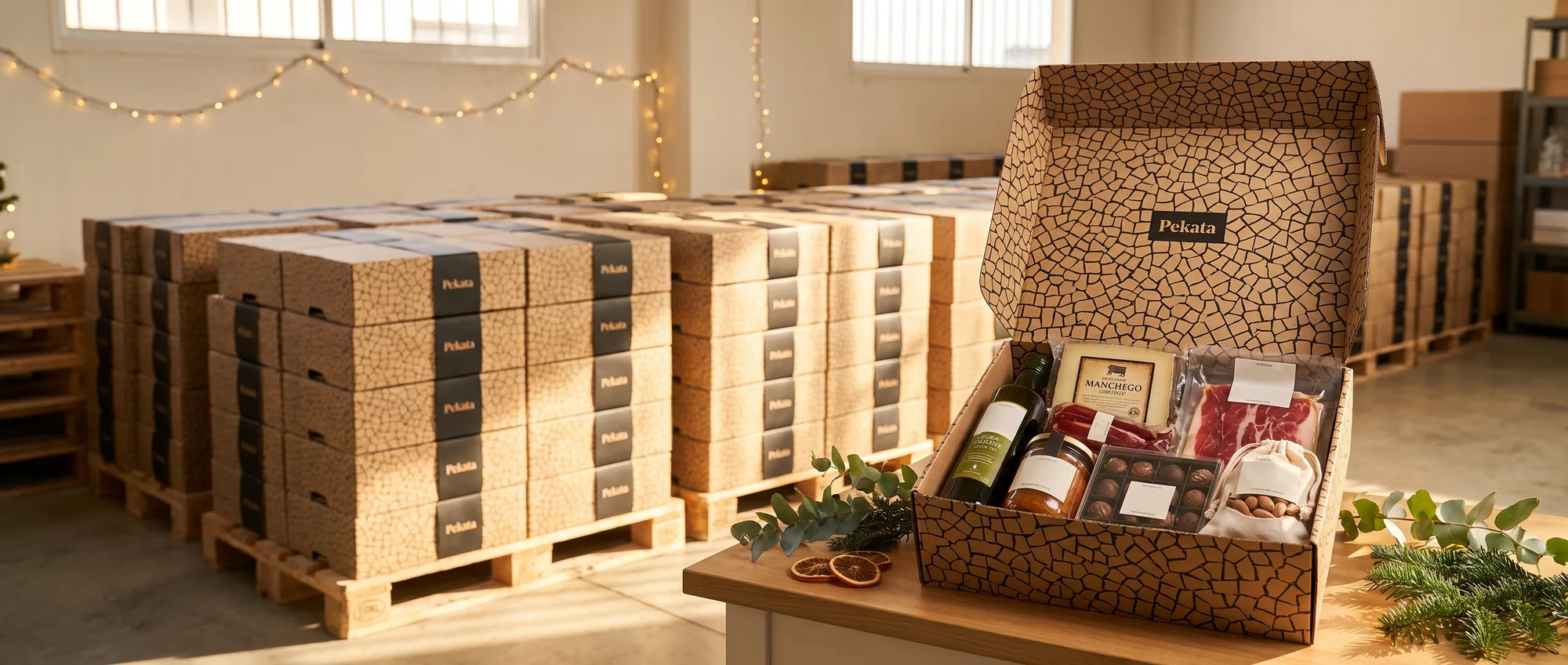 Warehouse with pallets of Pekata Christmas gift boxes and an open box with wine, Manchego cheese and chocolates