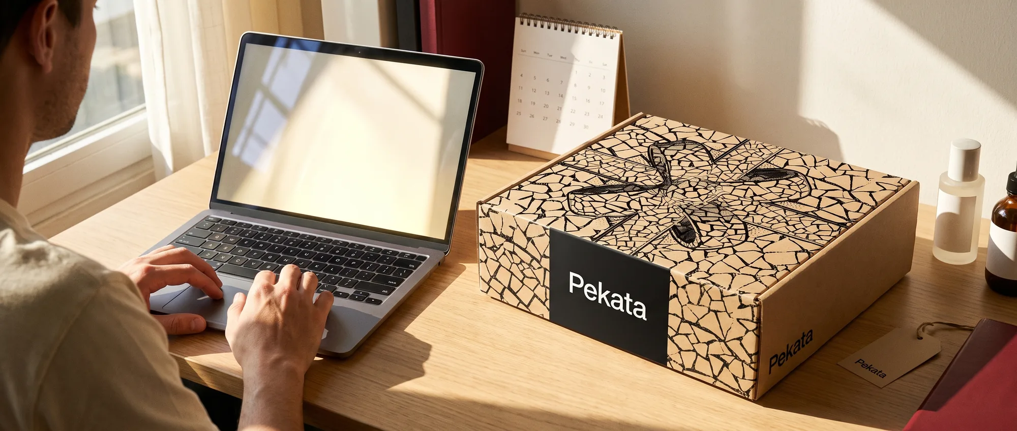 Person choosing their gift on Pekata's selection portal on a laptop, next to a closed Pekata box