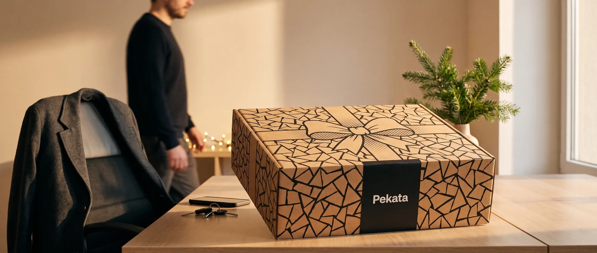 Pudełko świąteczne Pekata kraft z motywem trencadís na biurku w biurze oświetlonym zimowym światłem