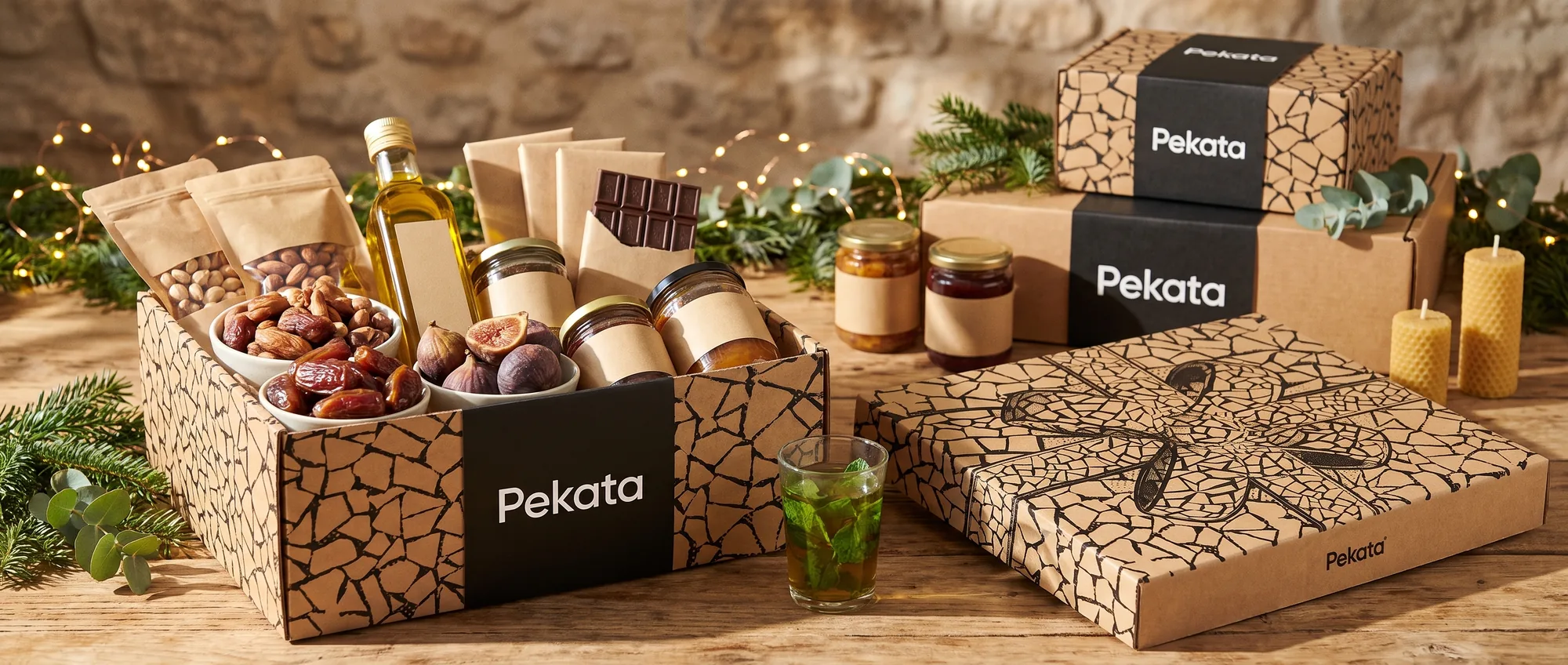 Pekata Christmas gift box made of kraft cardboard with trencadís pattern, open with suitable gourmet products under warm light
