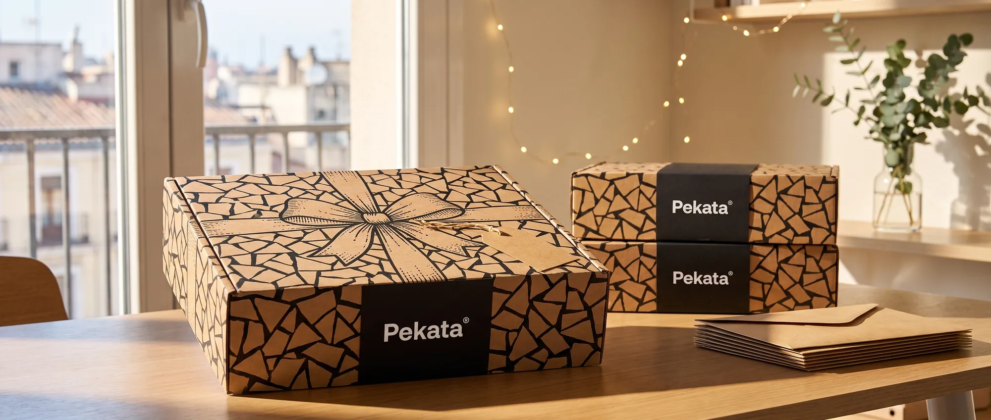 Pekata kraft Christmas box with trencadís motif next to a stack of kraft envelopes and a blank shipping label