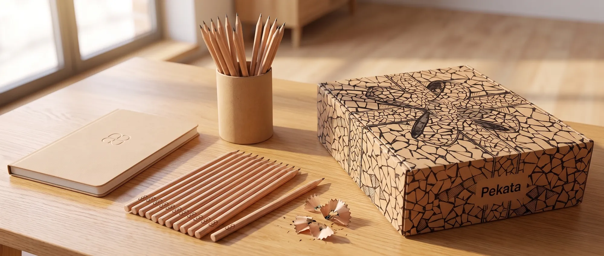 Natural wood pencils with a company's logo engraved on the body
