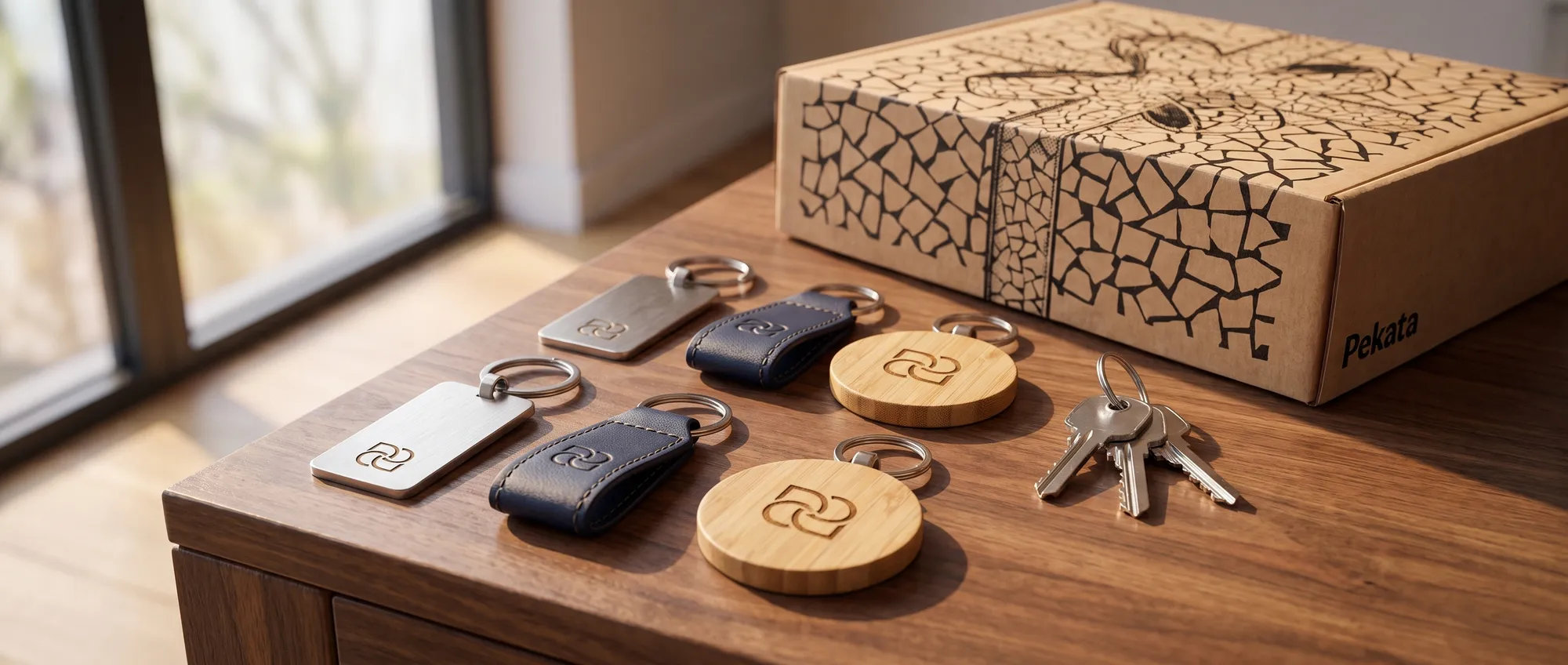 Custom keyrings for businesses in engraved metal, bamboo and textile strap on a neutral background