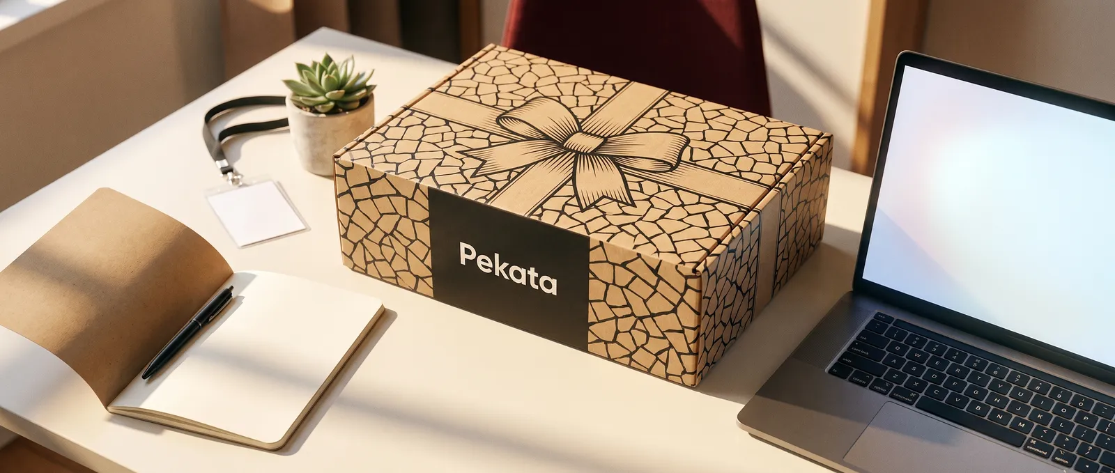 HR desk with a printed welcome guide, a badge and a Pekata welcome box