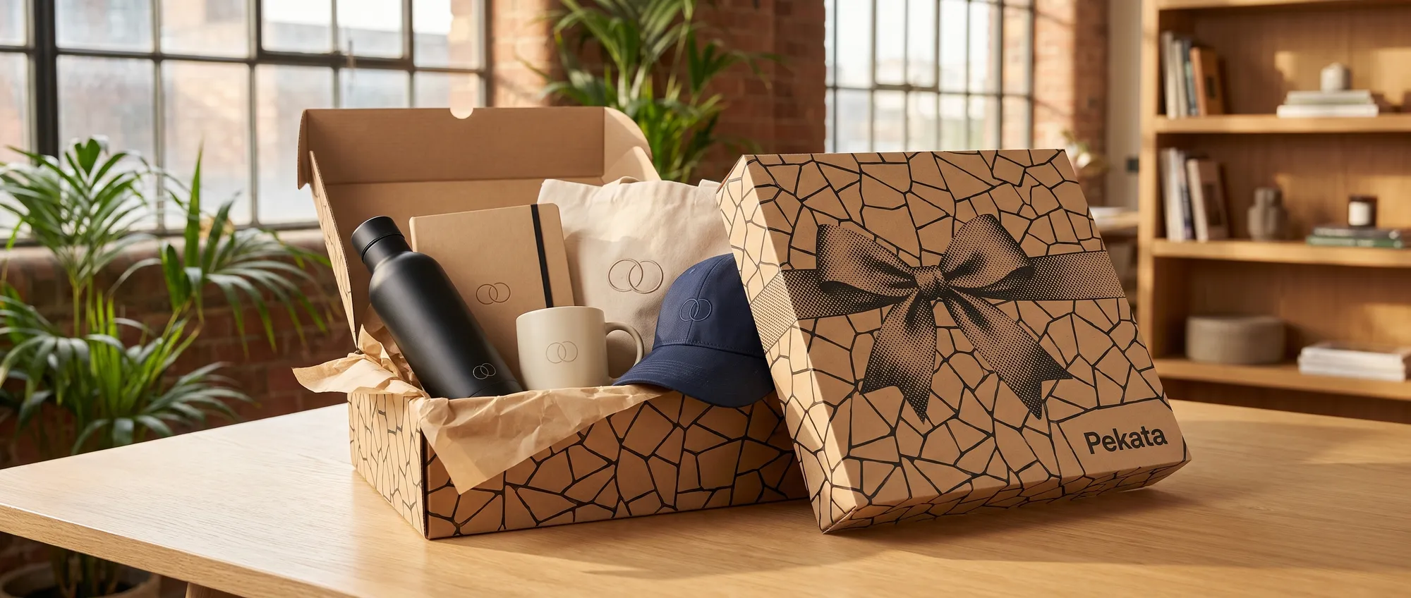 Bottle, notebook, mug, tote bag and cap with the same company logo next to an open Pekata box on an office table