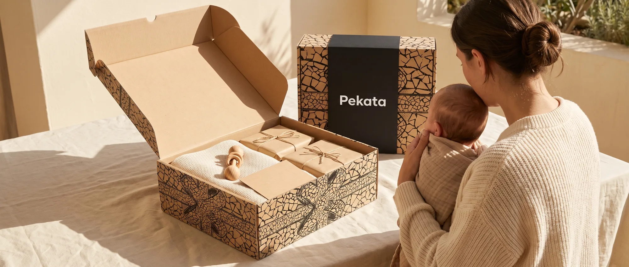 Otwarta skrzynka Pekata z dzianinowym kocem, drewnianą zabawką i kartką kraft na lnianej powierzchni