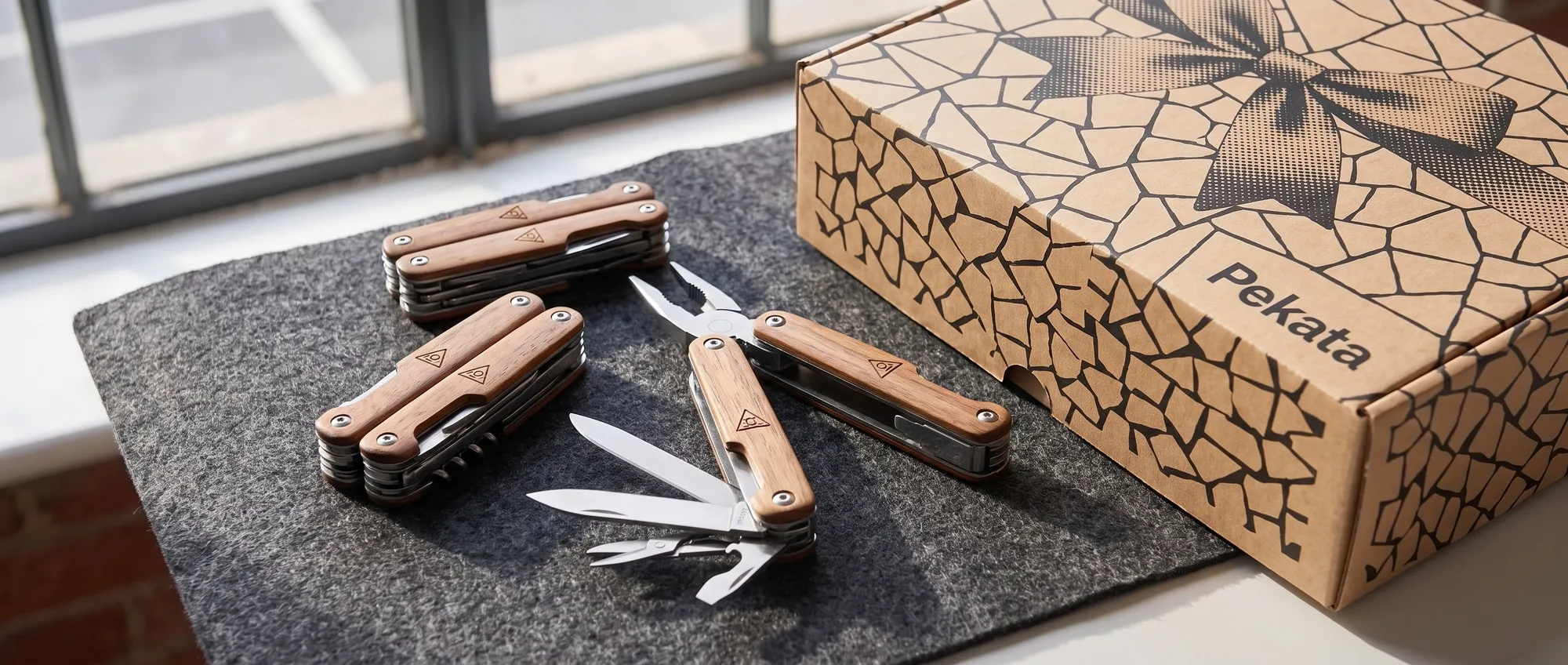 Stainless steel multi-tool with a company logo laser-engraved on the handle