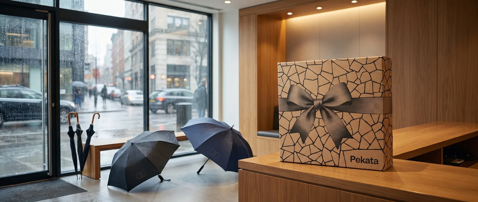 Folding umbrella and golf umbrella open with logo on a panel, at the entrance of an office on a rainy day, with a Pekata box at reception