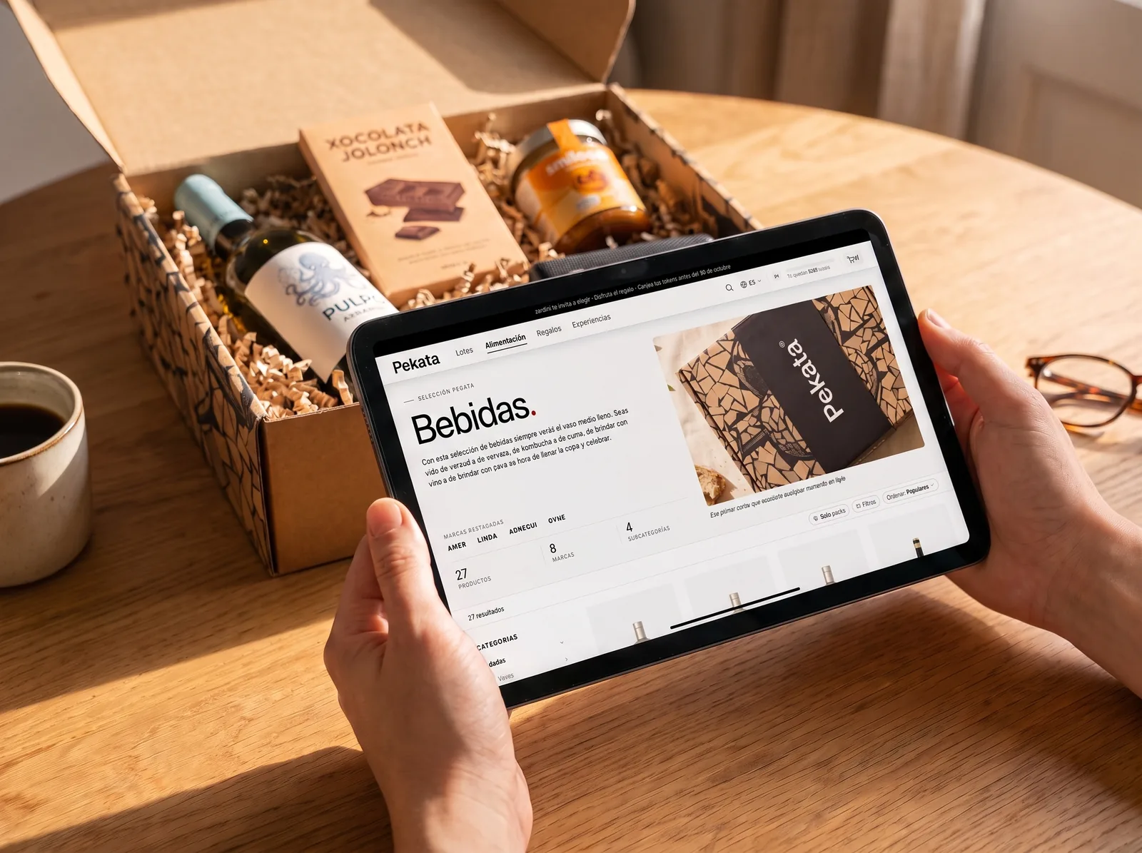 Tablet showing the Pekata selection portal next to an open box with products