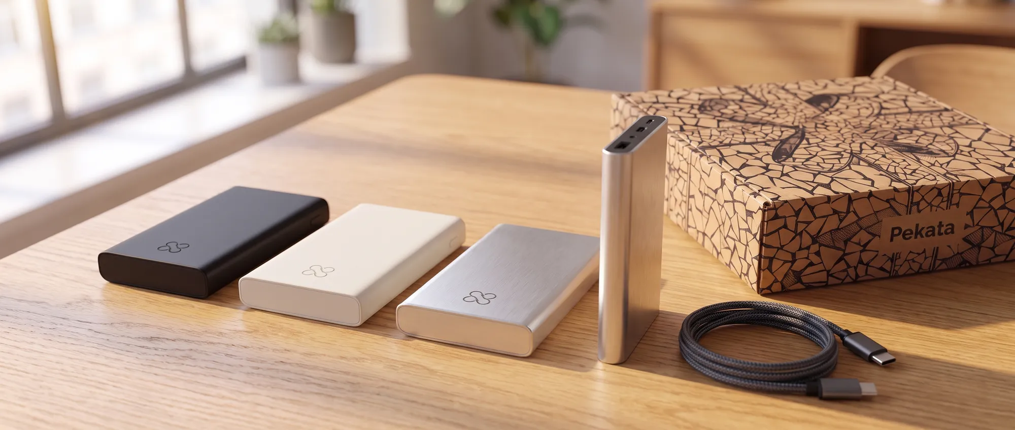 Aluminium power bank with engraved corporate logo, alongside its USB-C cable