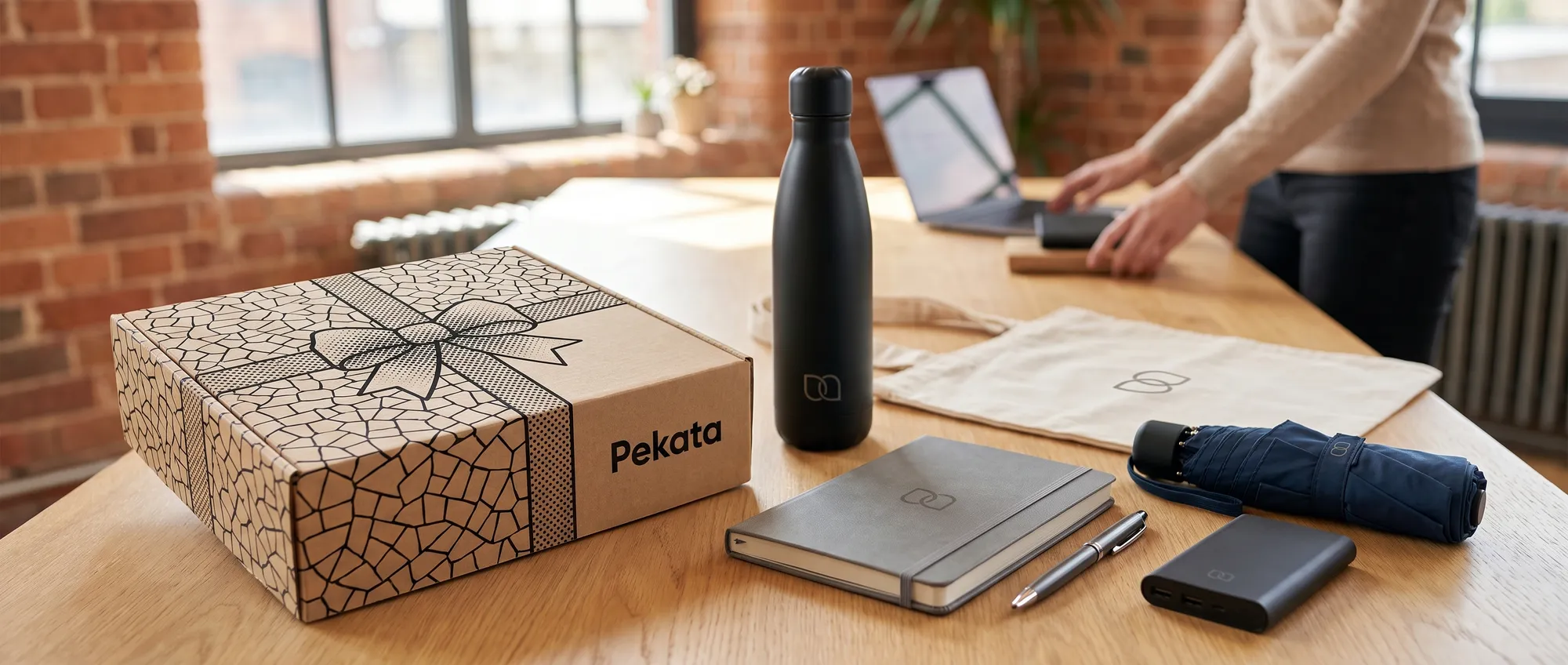 Selection of promotional gifts with the same logo on a marketing table next to a Pekata box