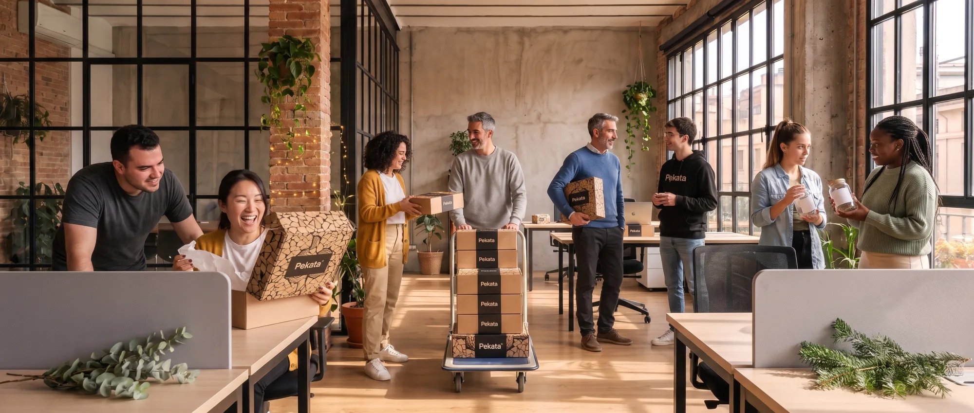 Employees receiving Pekata gift boxes in a modern office