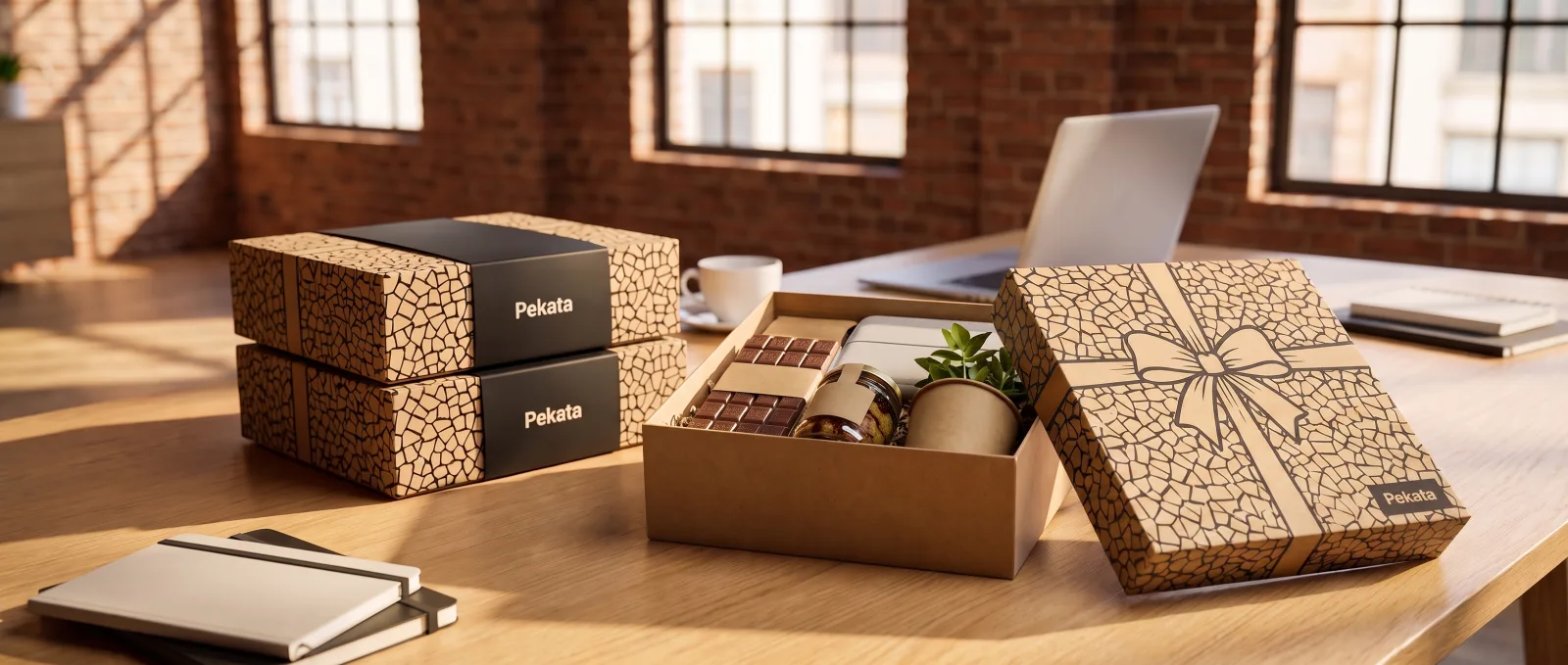 Open Pekata corporate gift box on an office table with two closed boxes behind