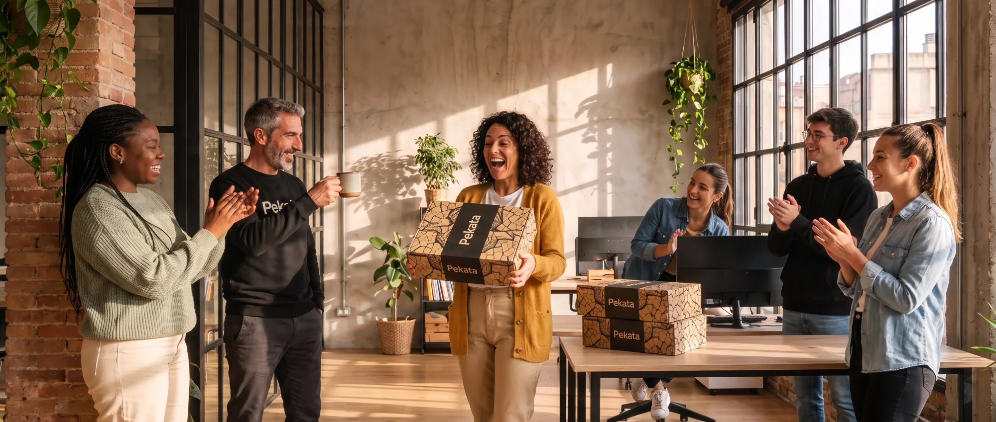 Team celebrating the delivery of a Pekata gift box in the office