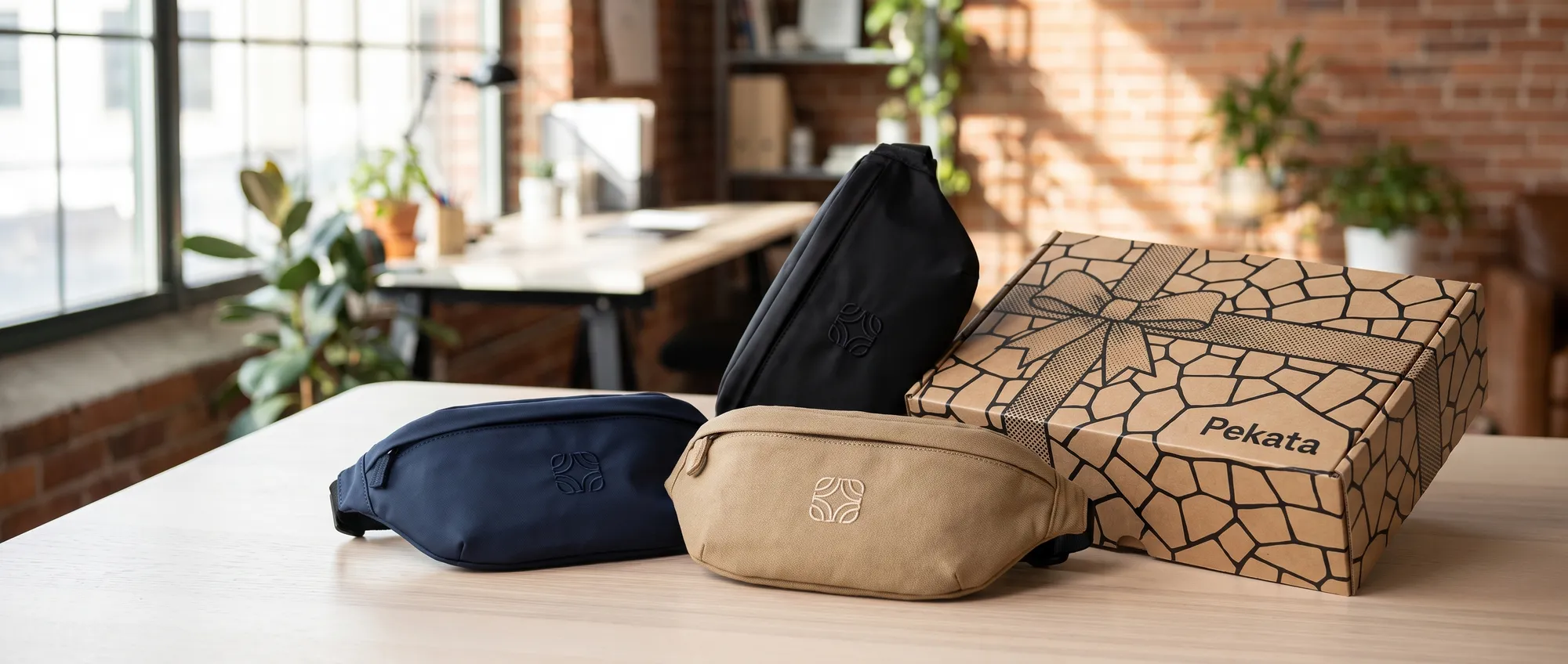Corporate polyester bum bag with a company's logo embroidered on the front pocket