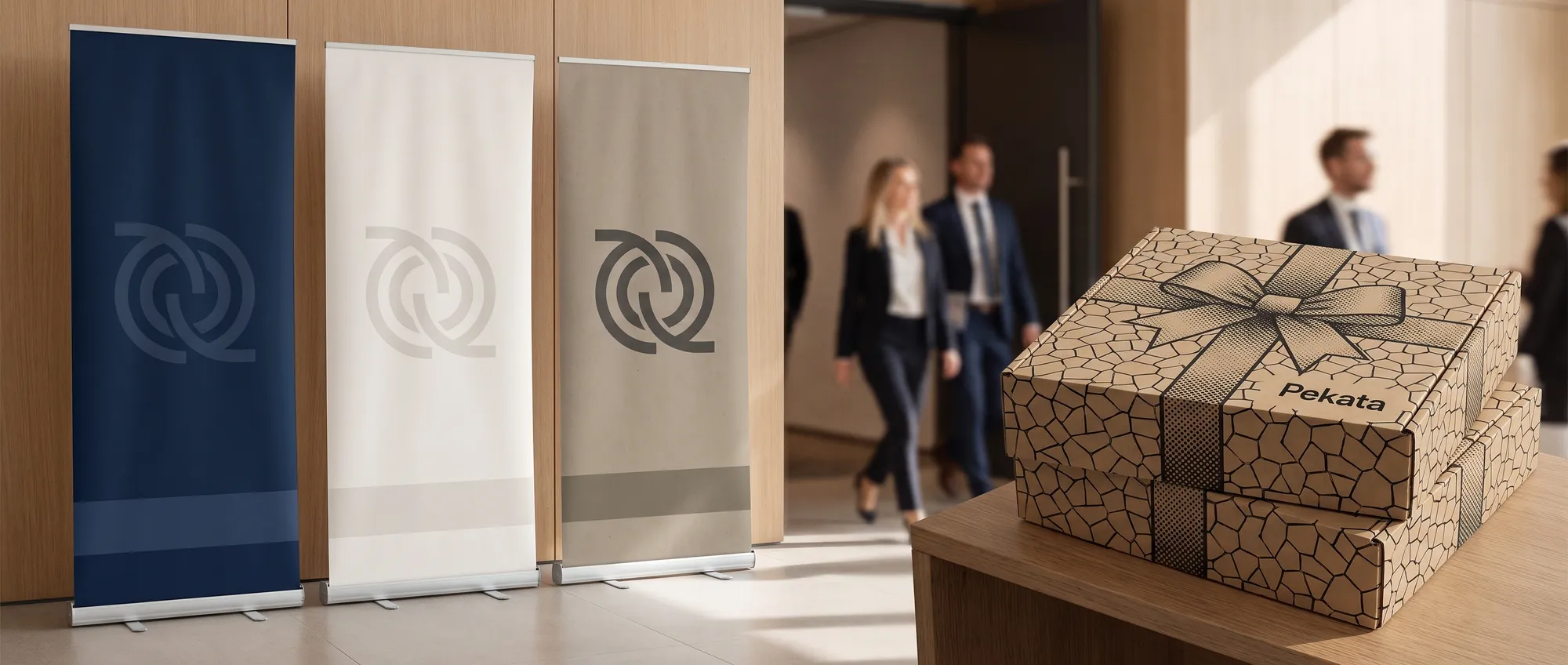 Custom 85x200 cm roll up with a company's logo, next to a trade show counter