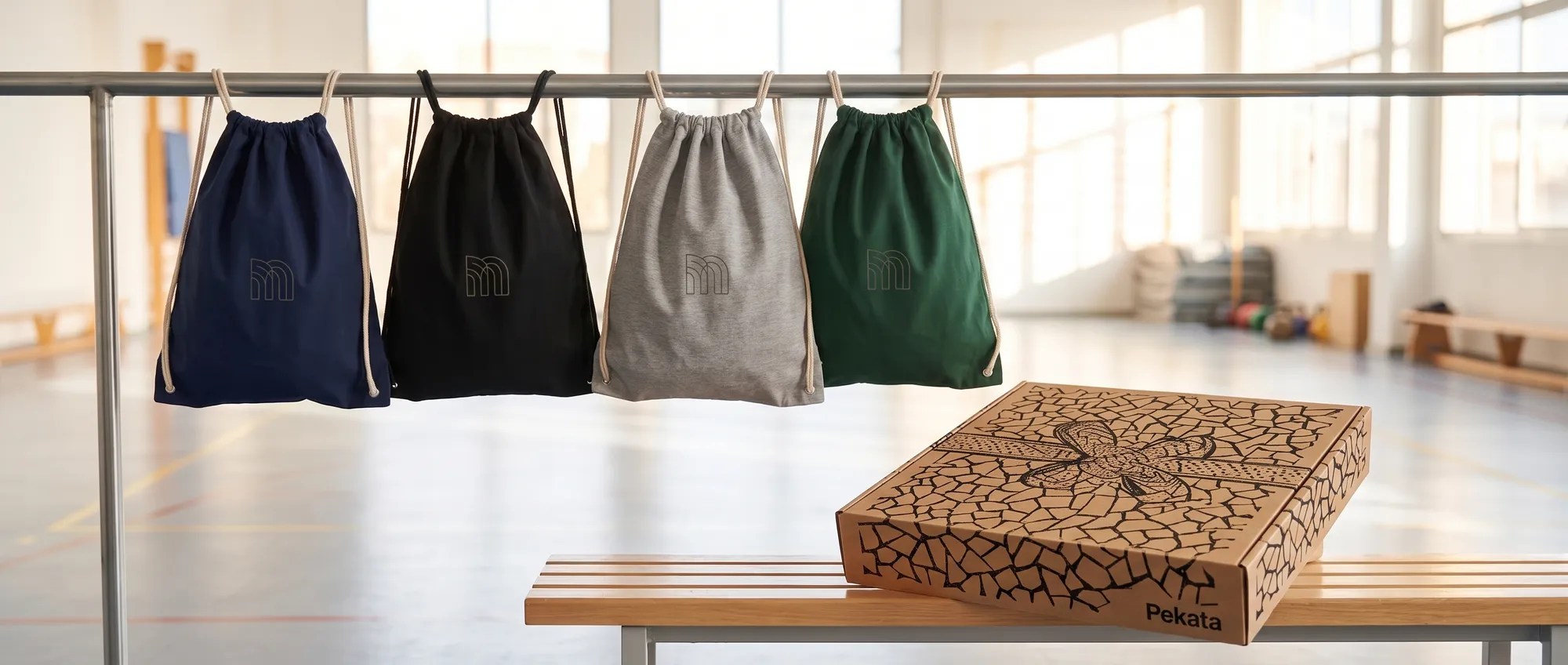 Polyester drawstring bag with corporate logo printed on the front
