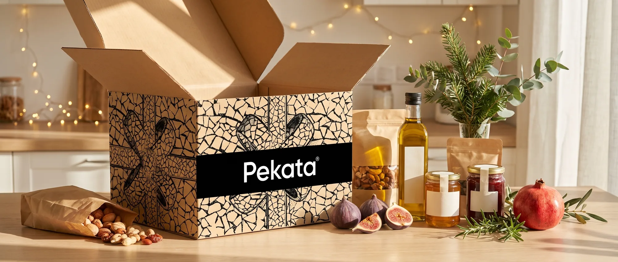 Open Pekata Christmas gift box with nuts, extra virgin olive oil and preserves on a light table