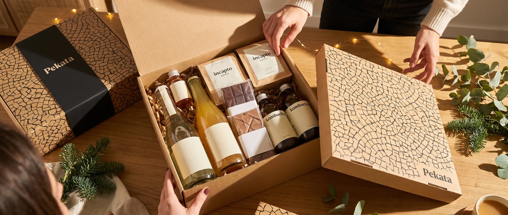 Pekata alcohol-free Christmas gift box with speciality coffee, kombucha, and alcohol-free sparkling drinks