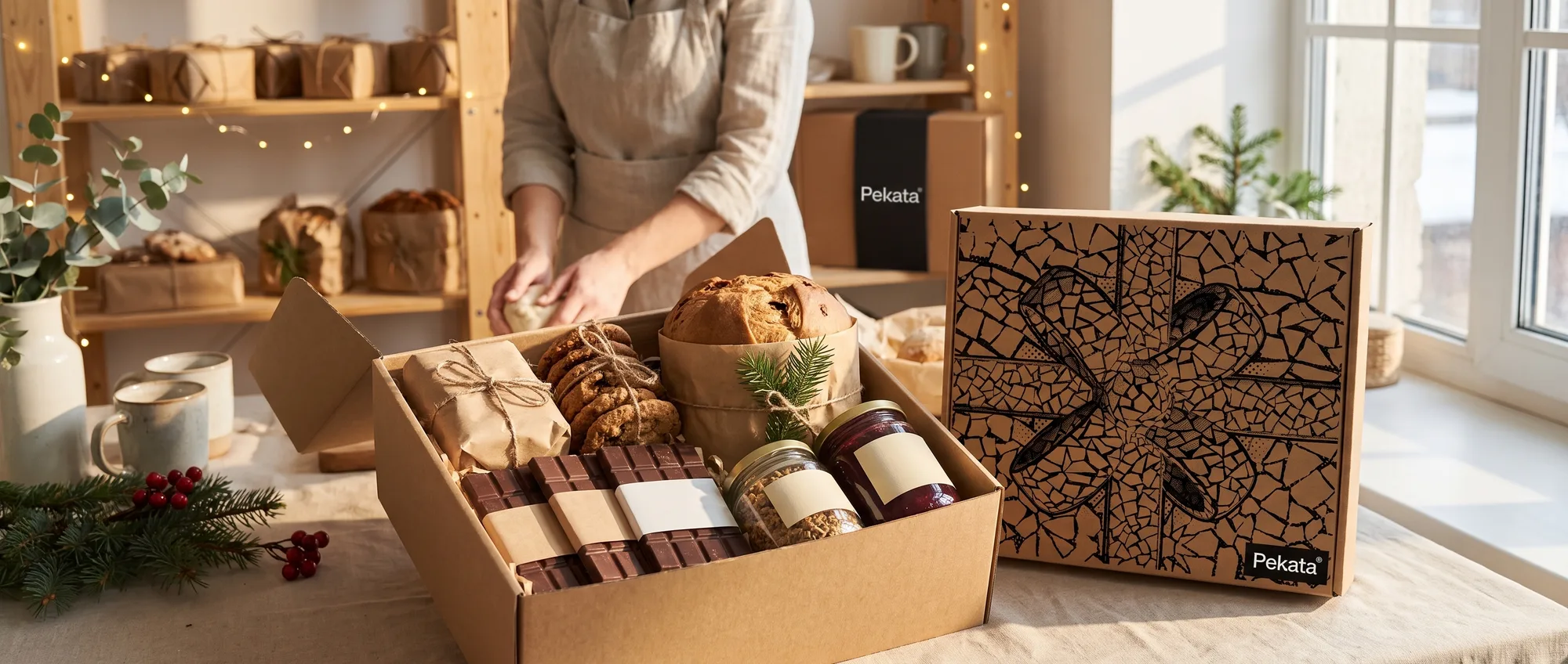 Open Pekata Christmas hamper box with artisan sweets wrapped in kraft paper on a bright counter