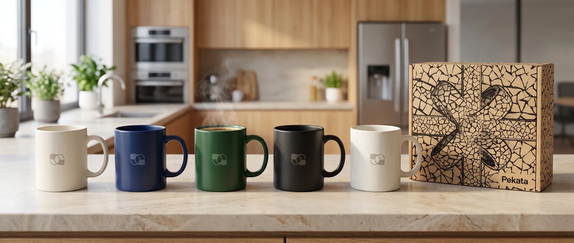 White ceramic mug with a company logo printed on the side, next to a matte stoneware mug