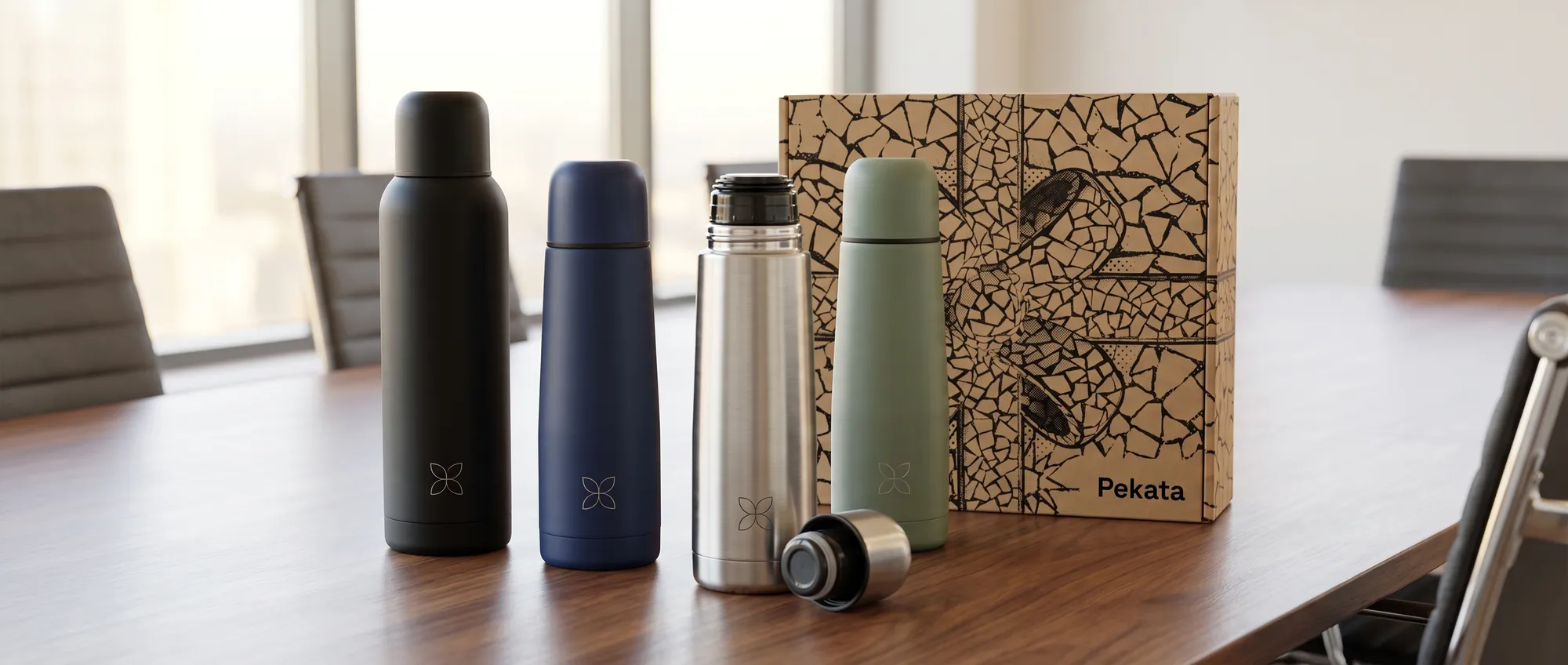 Matte grey stainless steel thermos with laser-engraved corporate logo