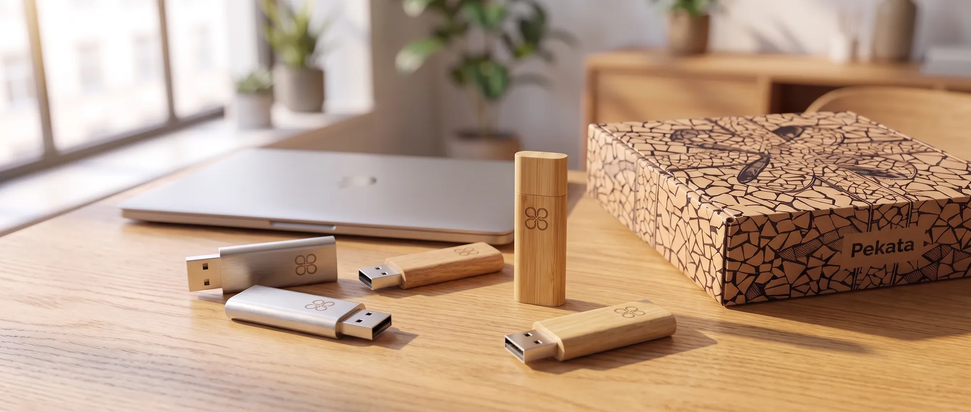 Pendrive reklamowe z metalu i bambusa z wygrawerowanym logo firmy