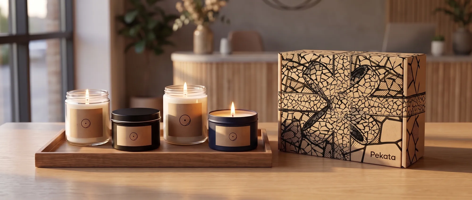 Glass candle with a customised label featuring a company logo